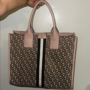 DKNY Pink Trim Monogram Tote with Navy Stripe